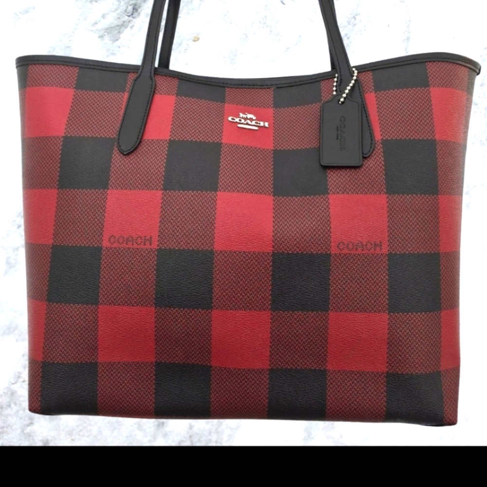 COACH City Tote Bag with Buffalo Plaid Print.